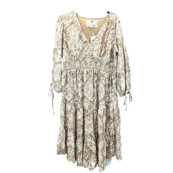 Cupio Boho Smocked Ikat Midi Dress Tiered Flowy V Neck Brown Tan XL NWT - Picture 12 of 16